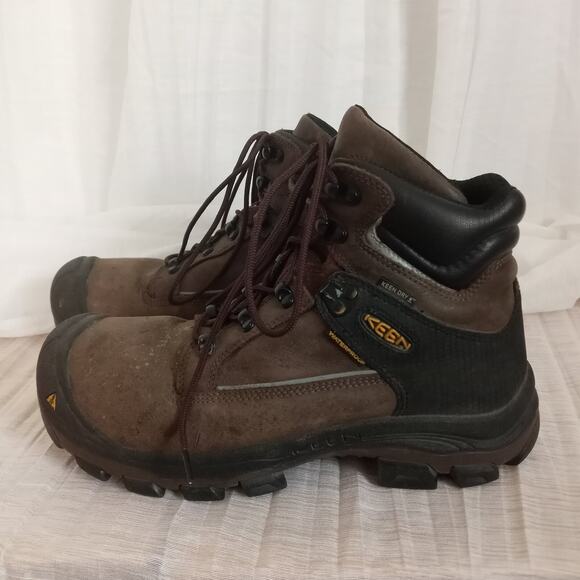 KEEN DRY Boots Waterproof Brown Leather SZ 8 Slip Resistant Waffle Soles Lace Up - Picture 1 of 11